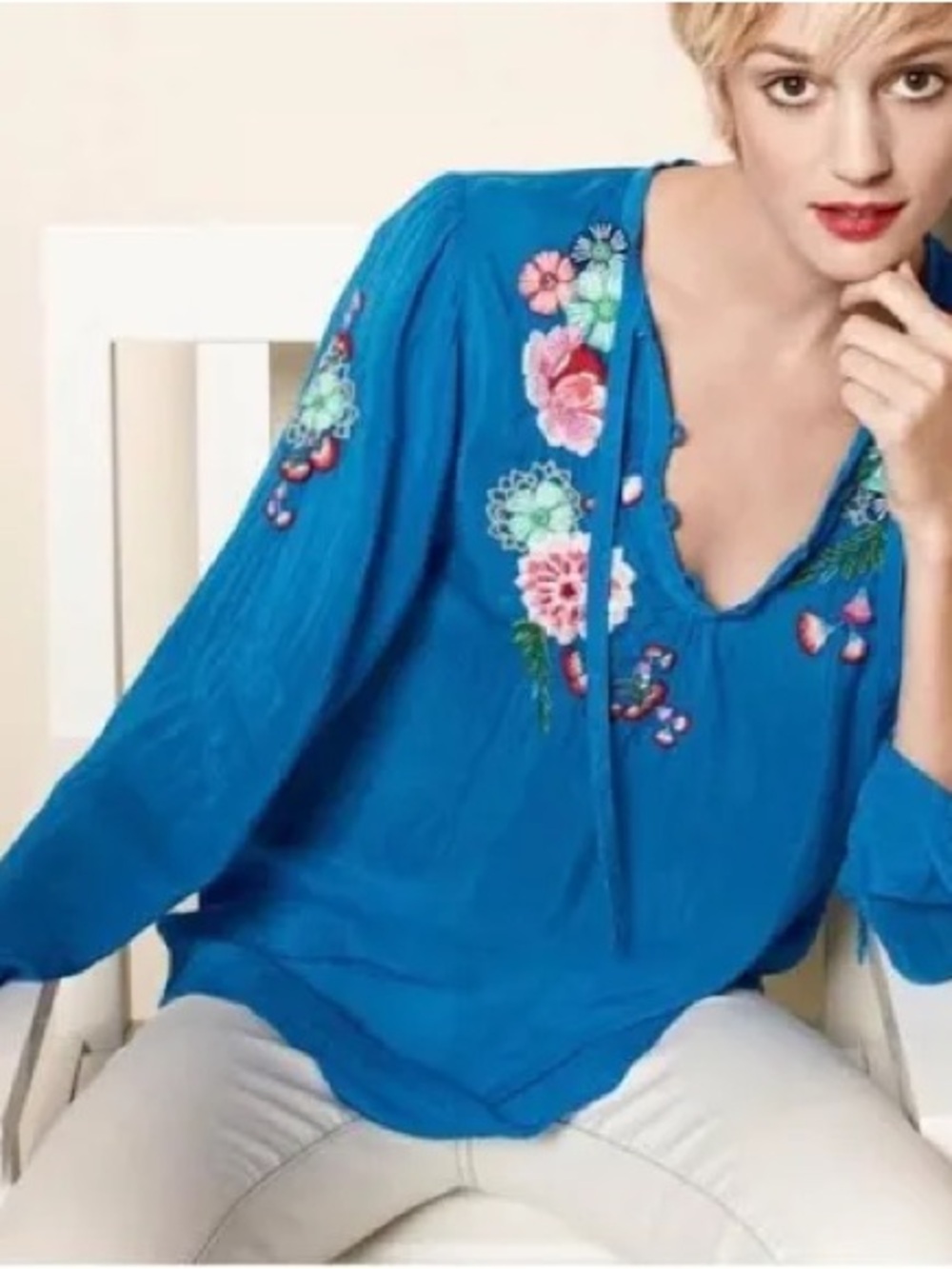 🌸 Johnny Was Embroidered Boho Peasant Blouse Blue Floral Tunic Size Large 🌸